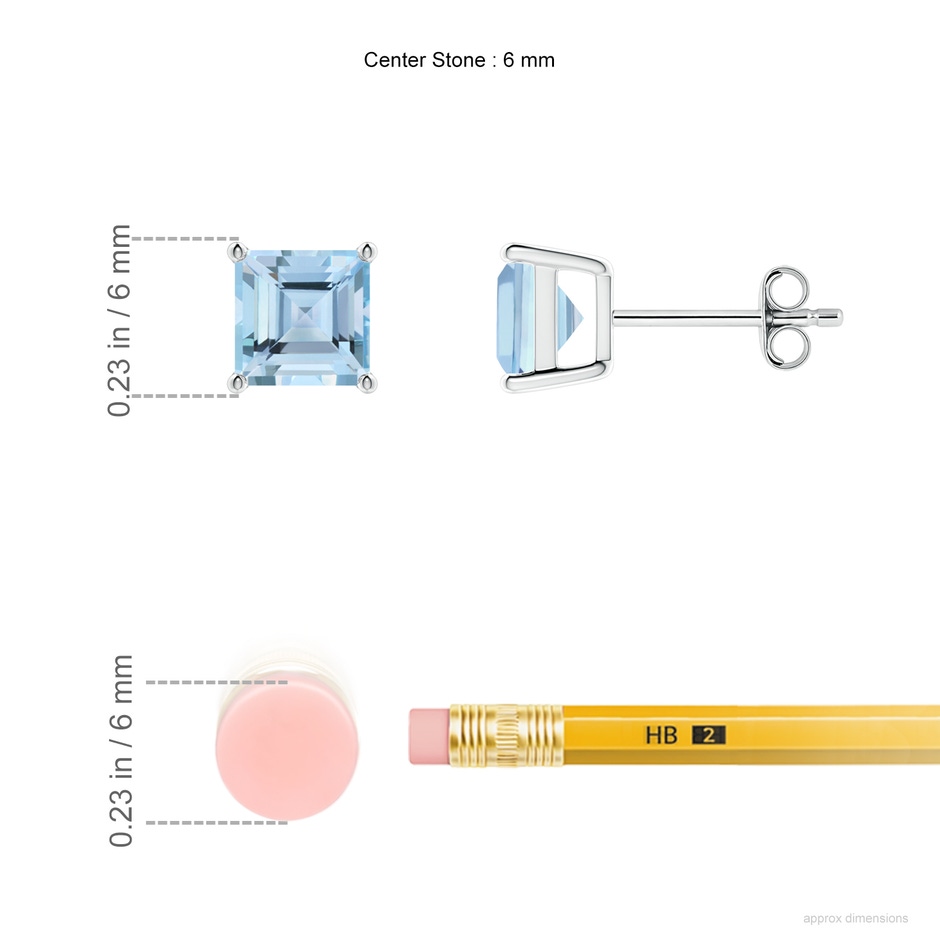 6mm AAAA Classic Basket-Set Square Aquamarine Stud Earrings in White Gold ruler