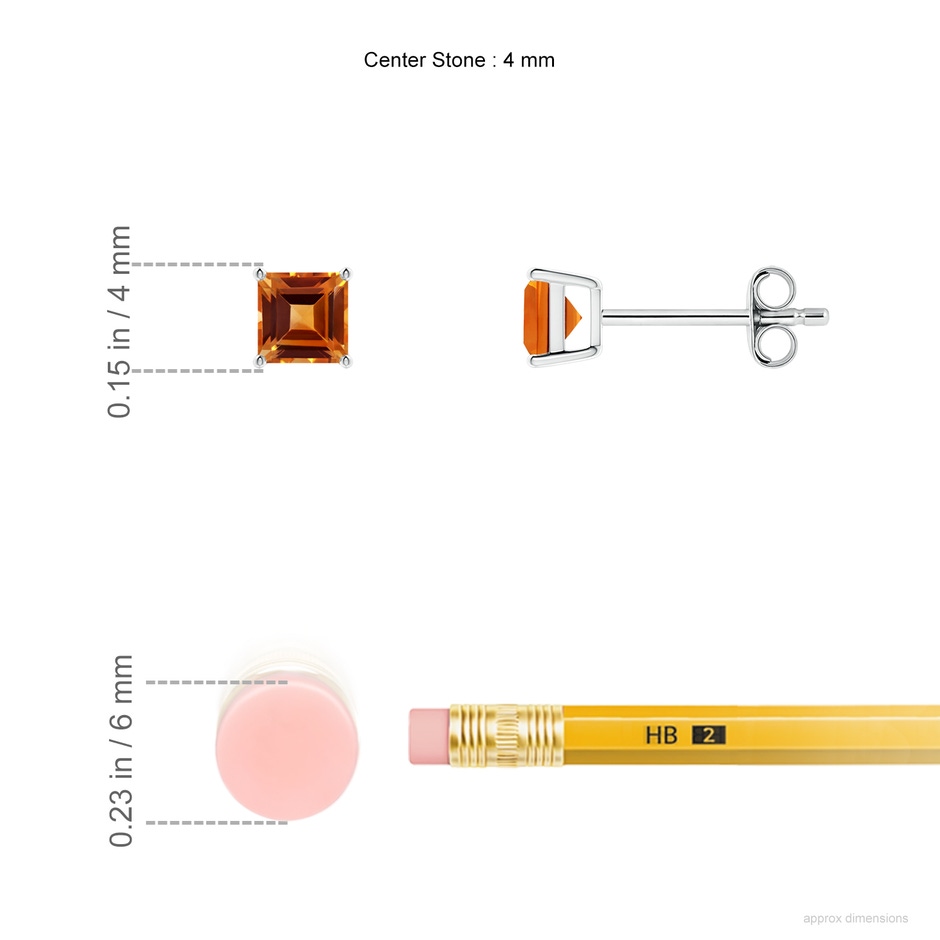 4mm AAAA Classic Basket-Set Square Citrine Stud Earrings in P950 Platinum ruler