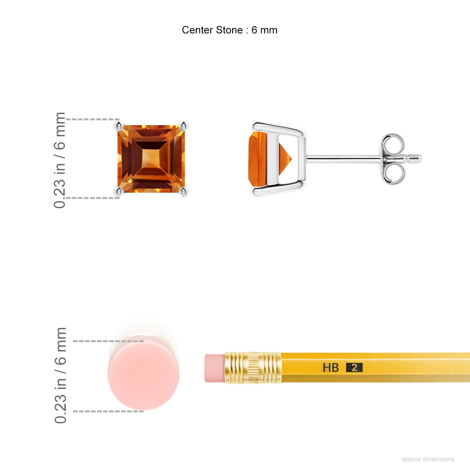 6mm AAAA Classic Basket-Set Square Citrine Stud Earrings in 18K White Gold - ruler