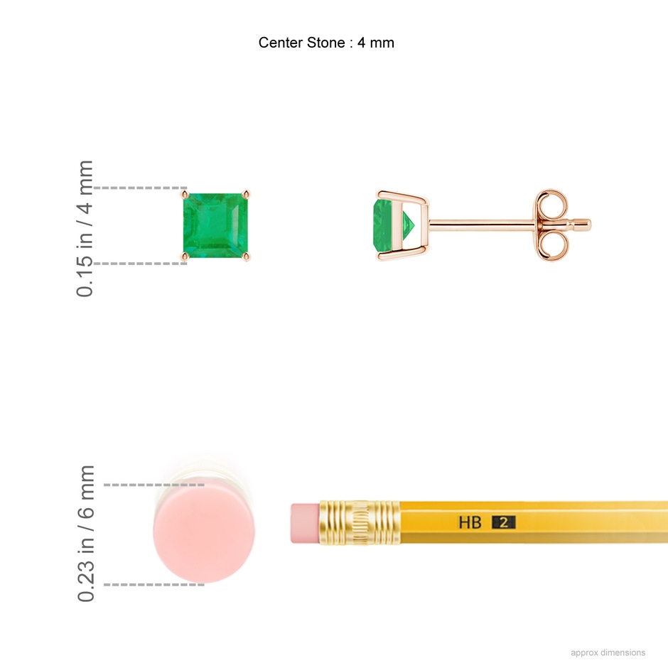 4mm A Classic Basket-Set Square Emerald Stud Earrings in 9K Rose Gold ruler