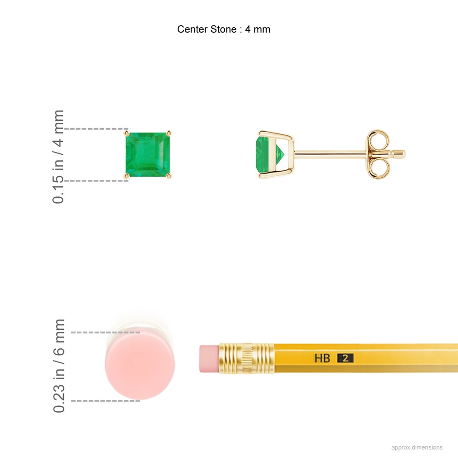 4mm A Classic Basket-Set Square Emerald Stud Earrings in Yellow Gold ruler