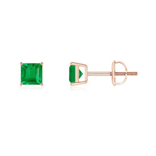4mm AA Classic Basket-Set Square Emerald Stud Earrings in Rose Gold