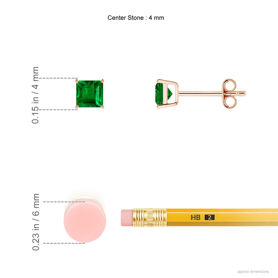 4mm AAAA Classic Basket-Set Square Emerald Stud Earrings in 9K Rose Gold ruler