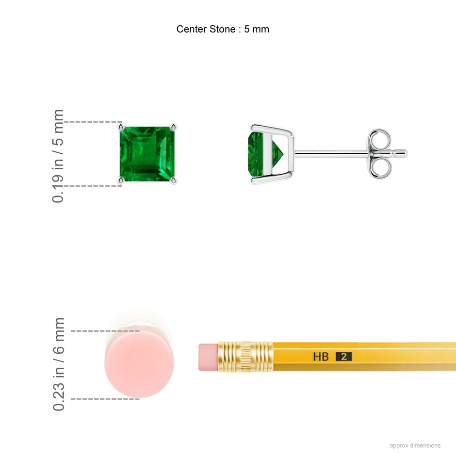 5mm AAAA Classic Basket-Set Square Emerald Stud Earrings in P950 Platinum ruler