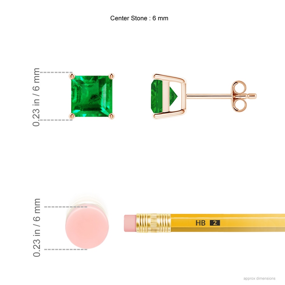 6mm AAA Classic Basket-Set Square Emerald Stud Earrings in Rose Gold ruler