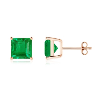 7mm AA Classic Basket-Set Square Emerald Stud Earrings in 9K Rose Gold