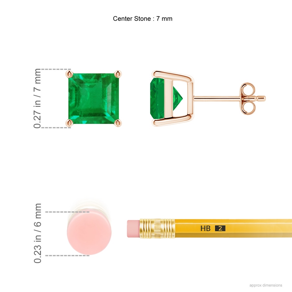 7mm AA Classic Basket-Set Square Emerald Stud Earrings in Rose Gold ruler