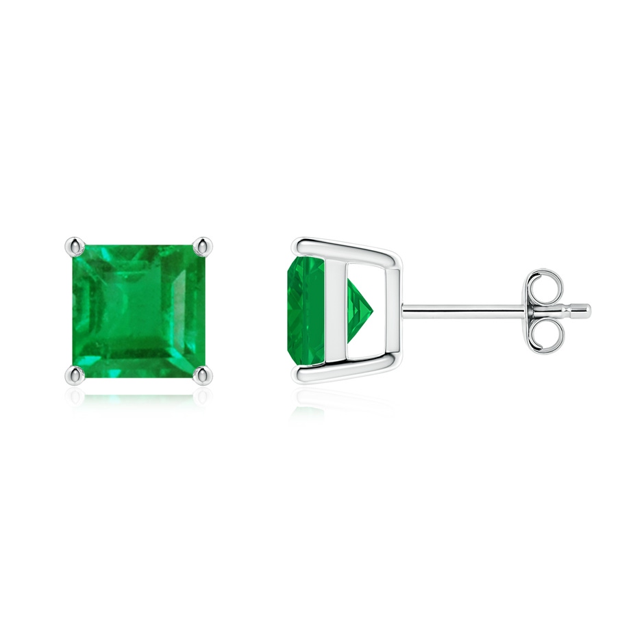 7mm AA Classic Basket-Set Square Emerald Stud Earrings in S999 Silver 