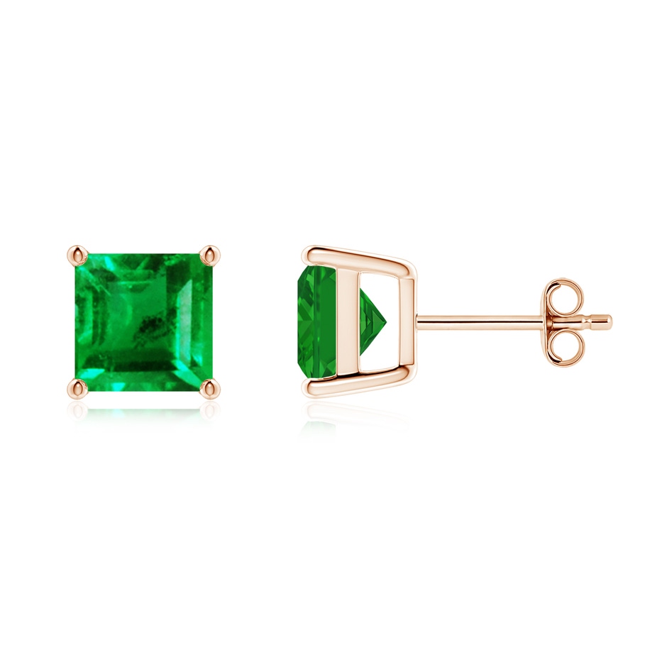 7mm AAA Classic Basket-Set Square Emerald Stud Earrings in Rose Gold 