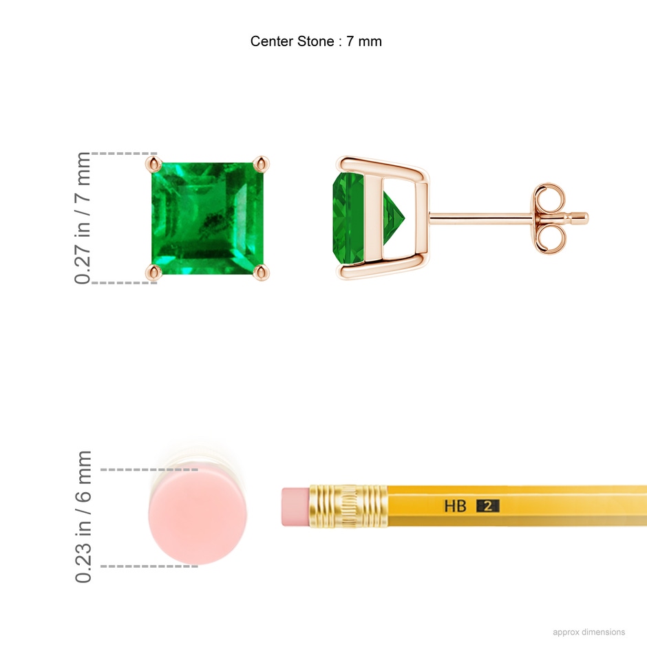 7mm AAA Classic Basket-Set Square Emerald Stud Earrings in Rose Gold ruler