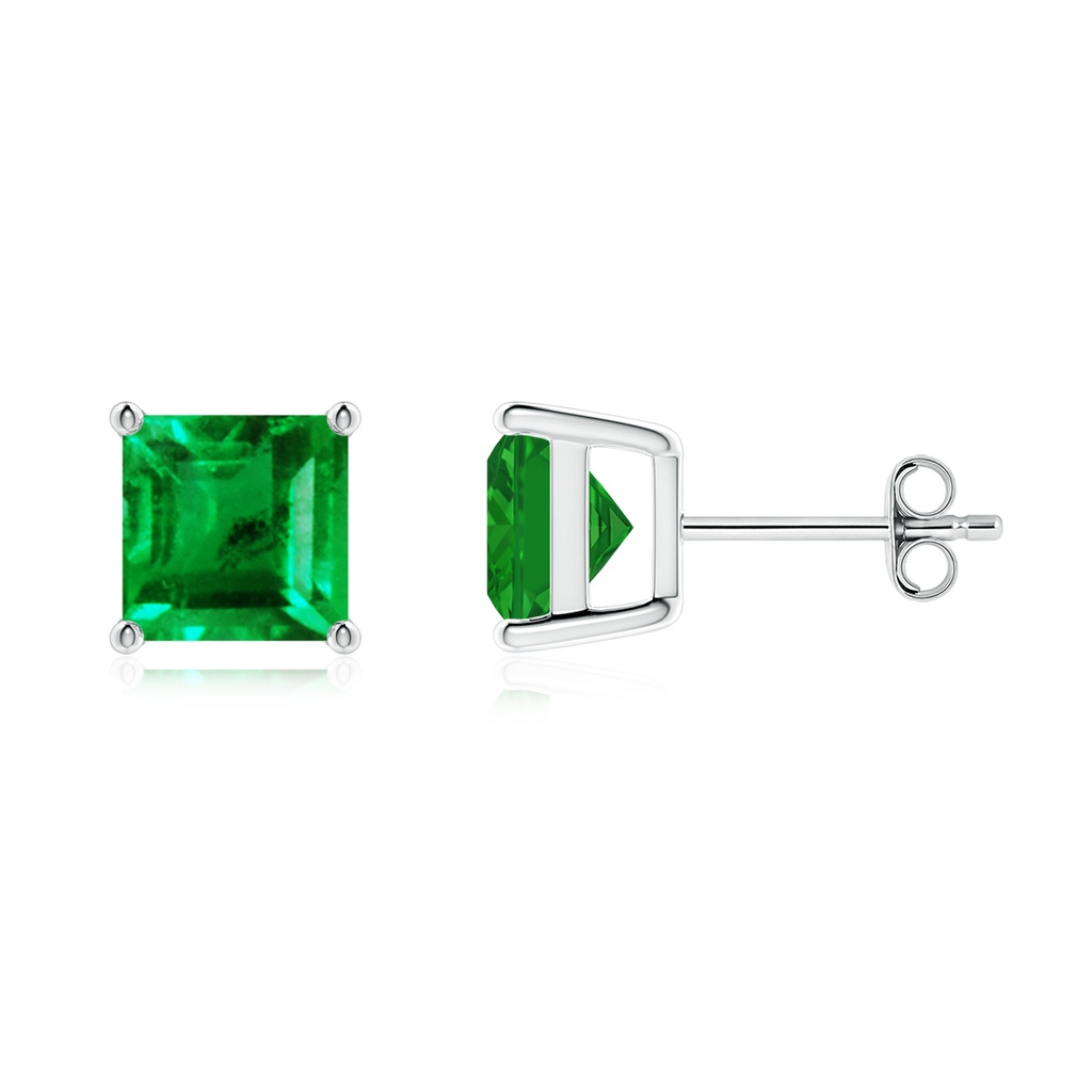 7mm AAA Classic Basket-Set Square Emerald Stud Earrings in White Gold