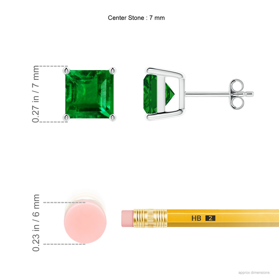 7mm AAAA Classic Basket-Set Square Emerald Stud Earrings in P950 Platinum ruler