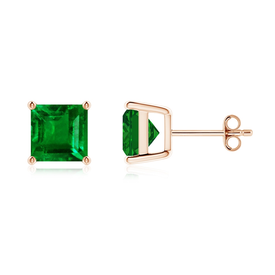 7mm AAAA Classic Basket-Set Square Emerald Stud Earrings in Rose Gold 