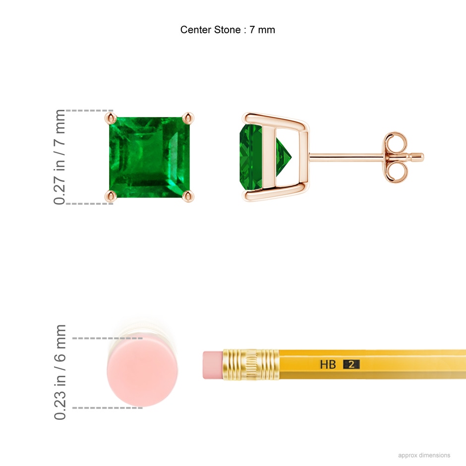 7mm AAAA Classic Basket-Set Square Emerald Stud Earrings in Rose Gold ruler