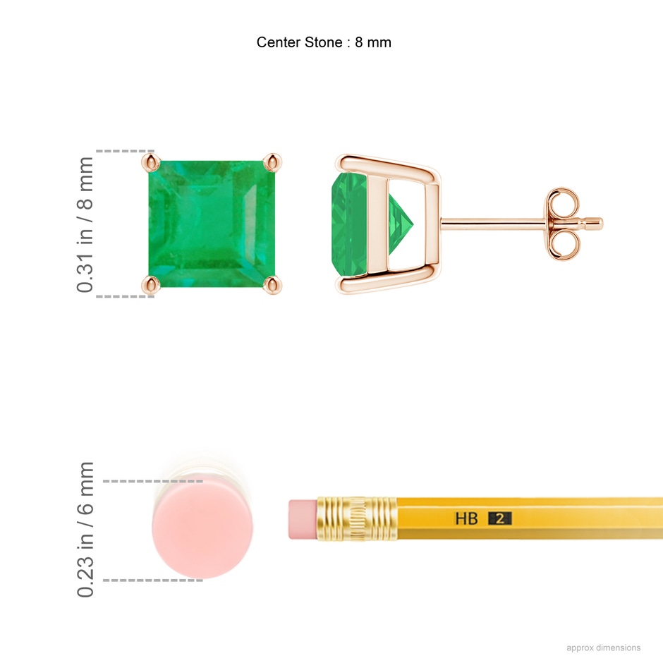 8mm A Classic Basket-Set Square Emerald Stud Earrings in Rose Gold ruler
