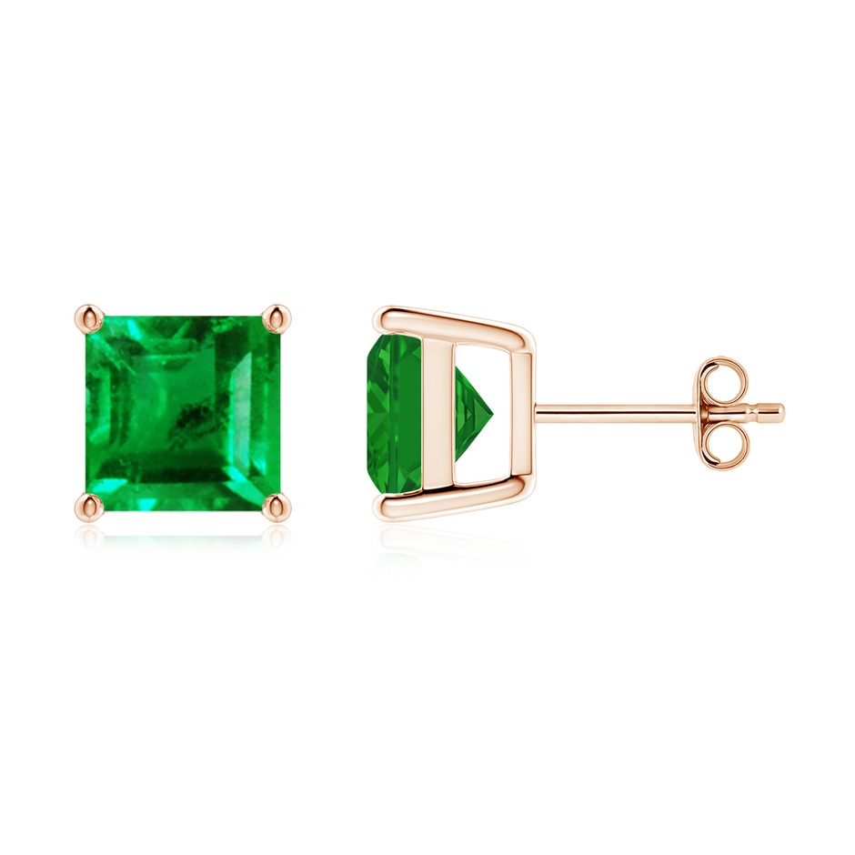 8mm AAA Classic Basket-Set Square Emerald Stud Earrings in Rose Gold 