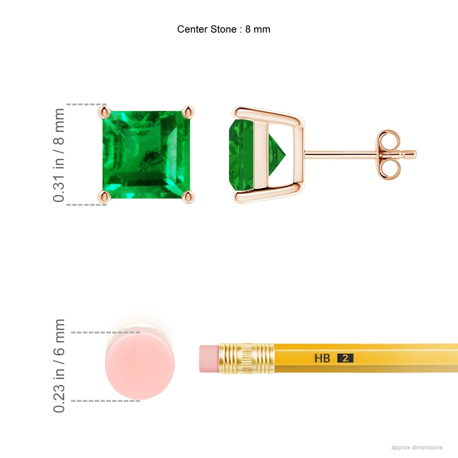 8mm AAA Classic Basket-Set Square Emerald Stud Earrings in Rose Gold ruler