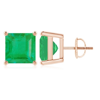 9mm A Classic Basket-Set Square Emerald Stud Earrings in Rose Gold