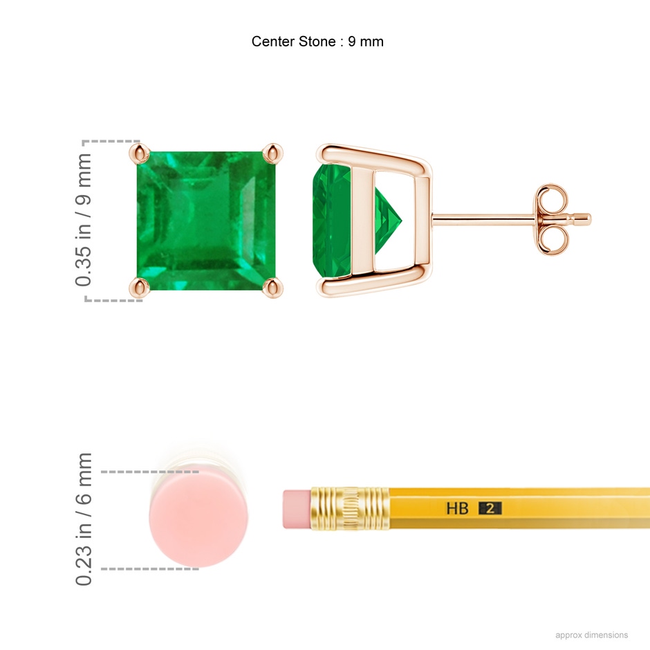 9mm AA Classic Basket-Set Square Emerald Stud Earrings in 18K Rose Gold ruler