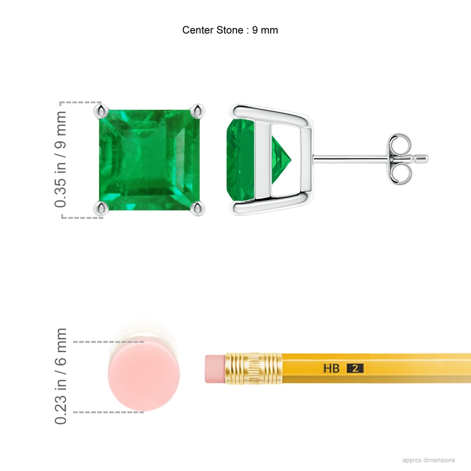 9mm AA Classic Basket-Set Square Emerald Stud Earrings in S999 Silver ruler