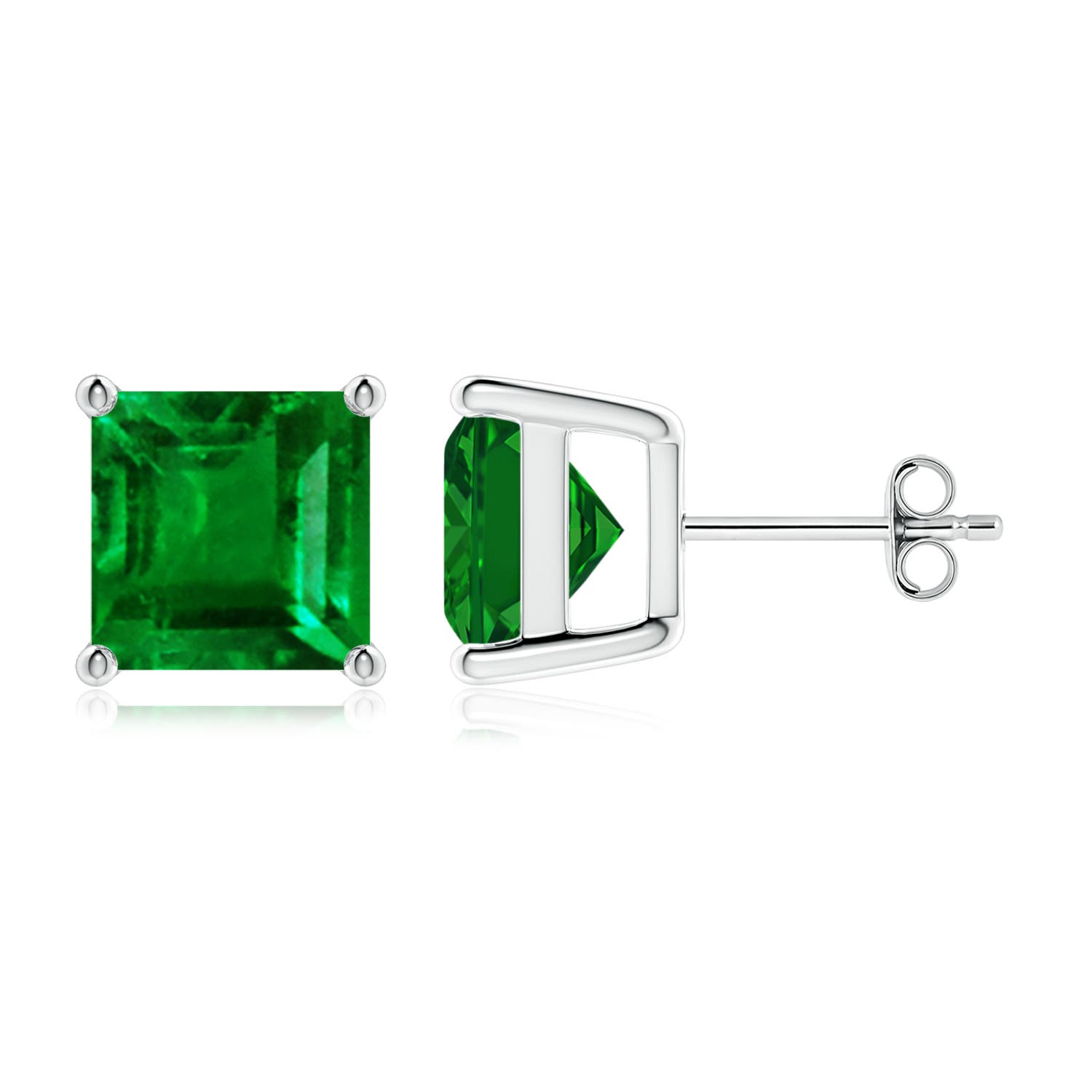 Angara 5.0 CTW Classic Basket-Set Square Emerald Stud Earrings in 18K White Gold