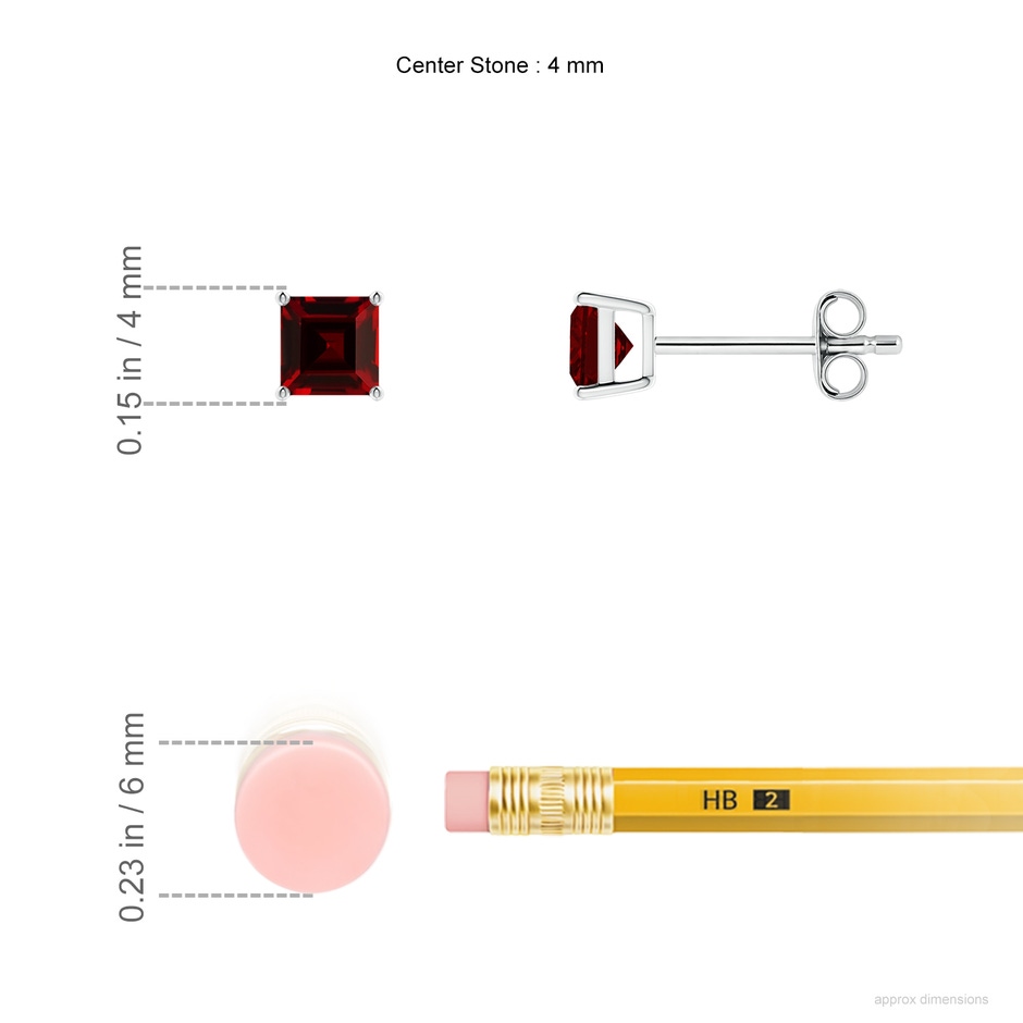 4mm AAAA Classic Basket-Set Square Garnet Stud Earrings in S999 Silver ruler
