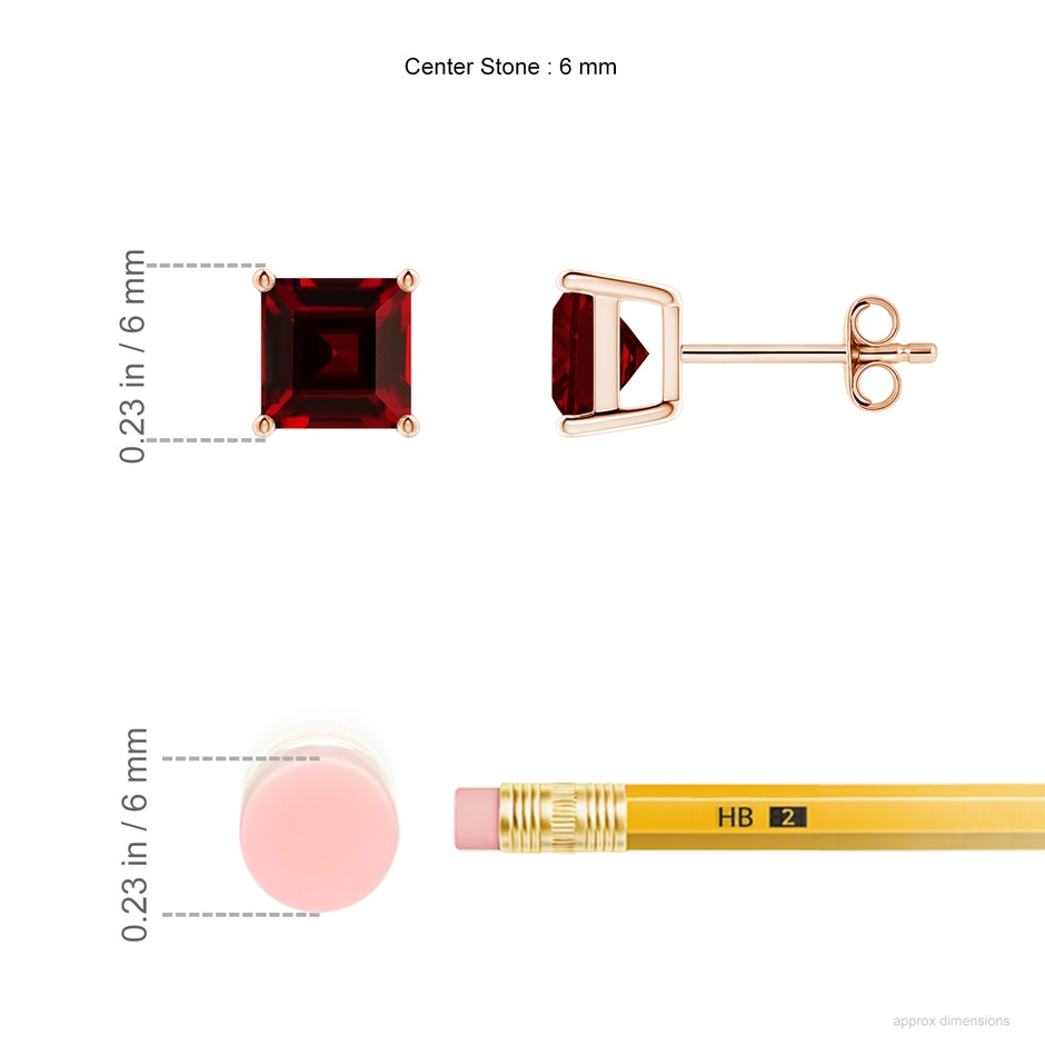 6mm AAAA Classic Basket-Set Square Garnet Stud Earrings in 18K Rose Gold ruler