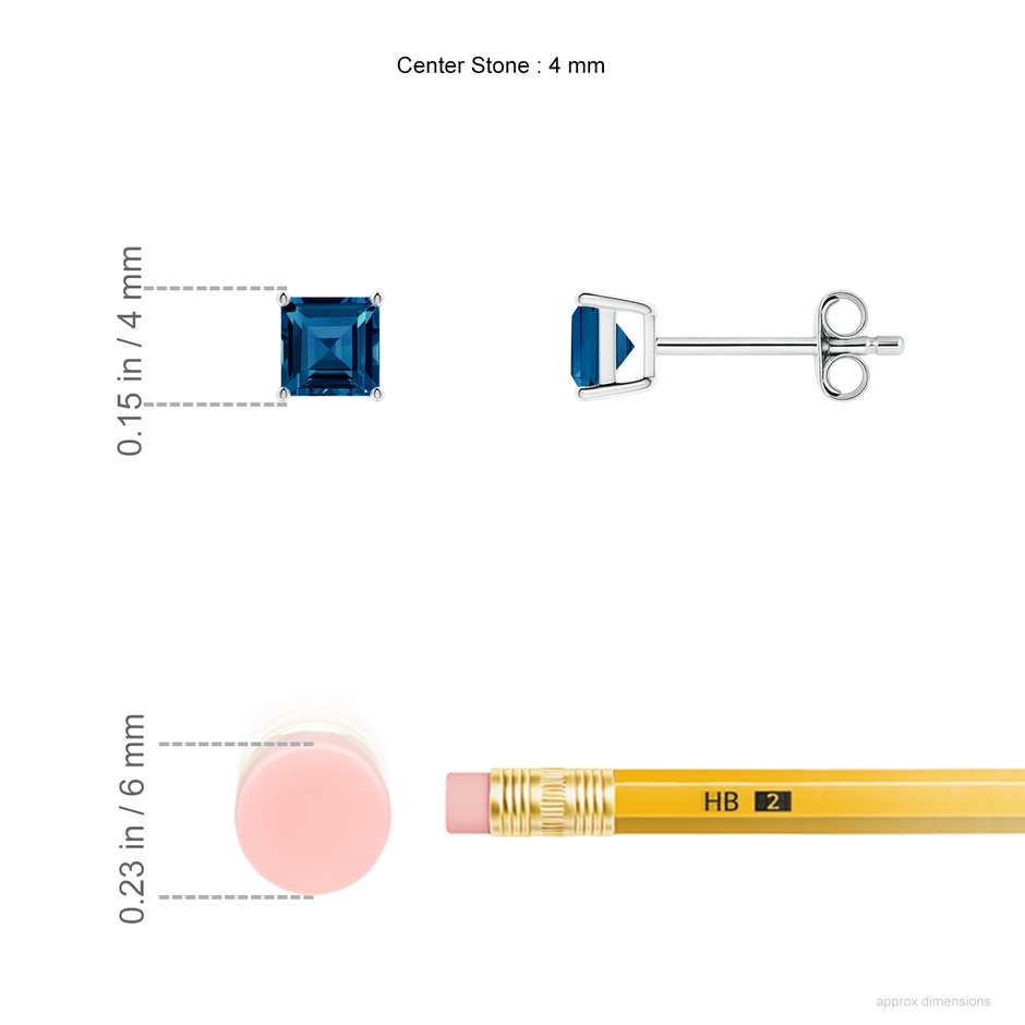 4mm AAAA Classic Basket-Set Square London Blue Topaz Stud Earrings in P950 Platinum ruler