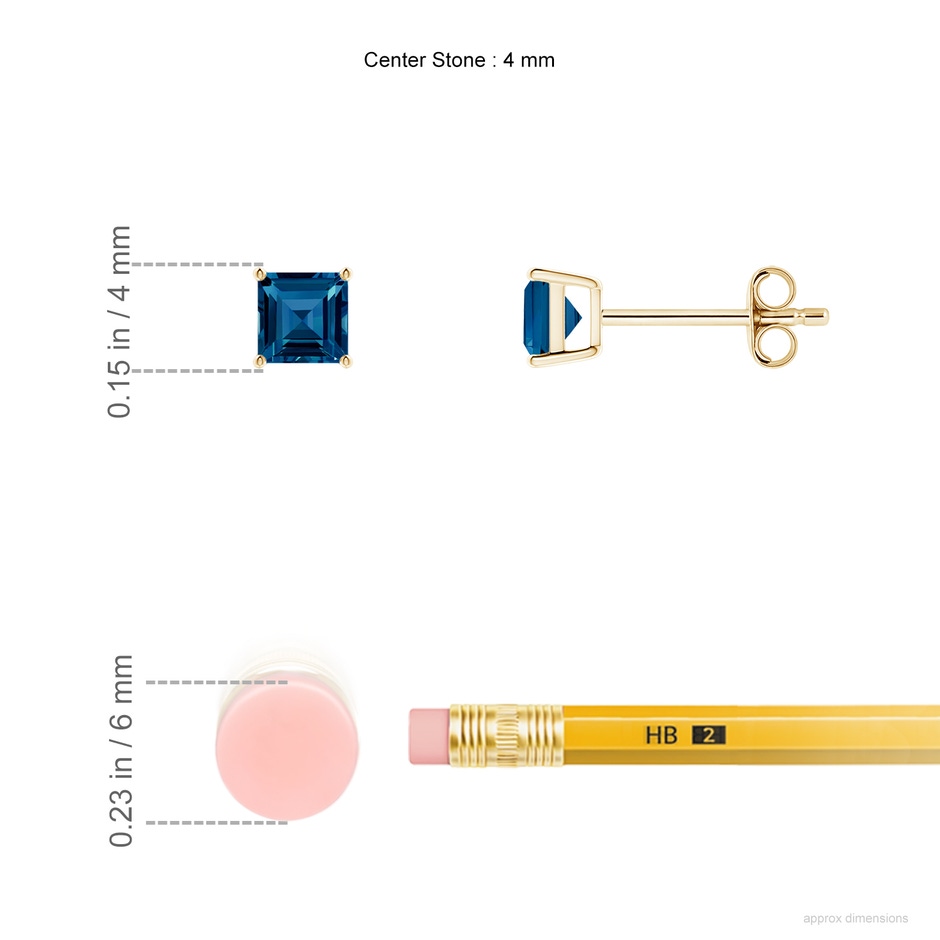 4mm AAAA Classic Basket-Set Square London Blue Topaz Stud Earrings in Yellow Gold ruler
