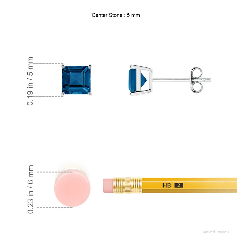 5mm AAA Classic Basket-Set Square London Blue Topaz Stud Earrings in White Gold ruler