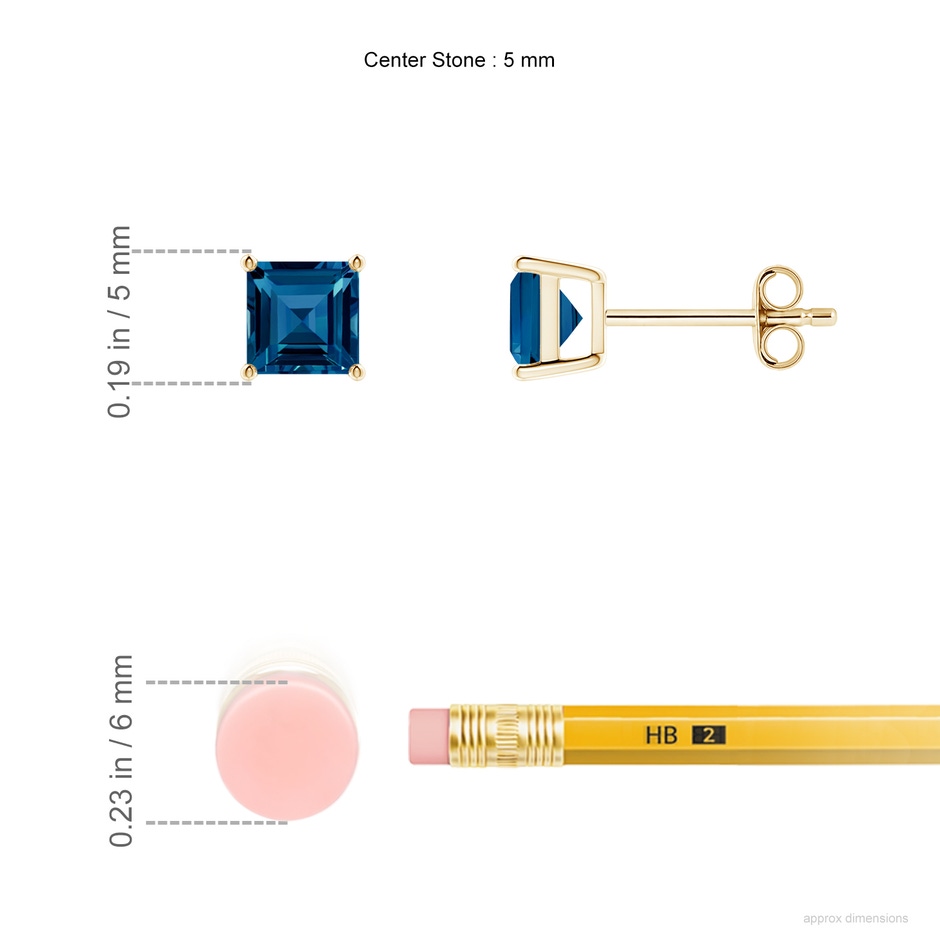 5mm AAAA Classic Basket-Set Square London Blue Topaz Stud Earrings in 10K Yellow Gold ruler