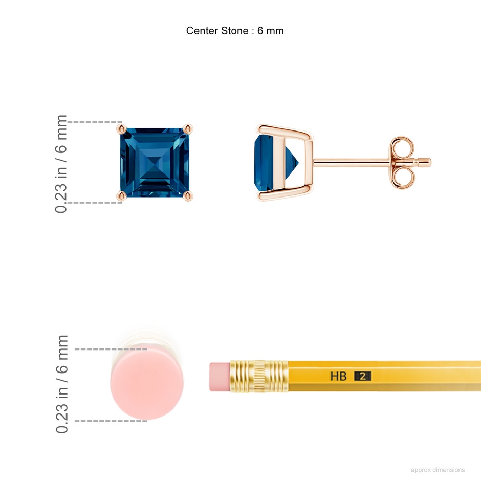 6mm AAAA Classic Basket-Set Square London Blue Topaz Stud Earrings in 18K Rose Gold ruler