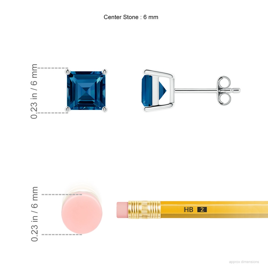 6mm AAAA Classic Basket-Set Square London Blue Topaz Stud Earrings in P950 Platinum ruler