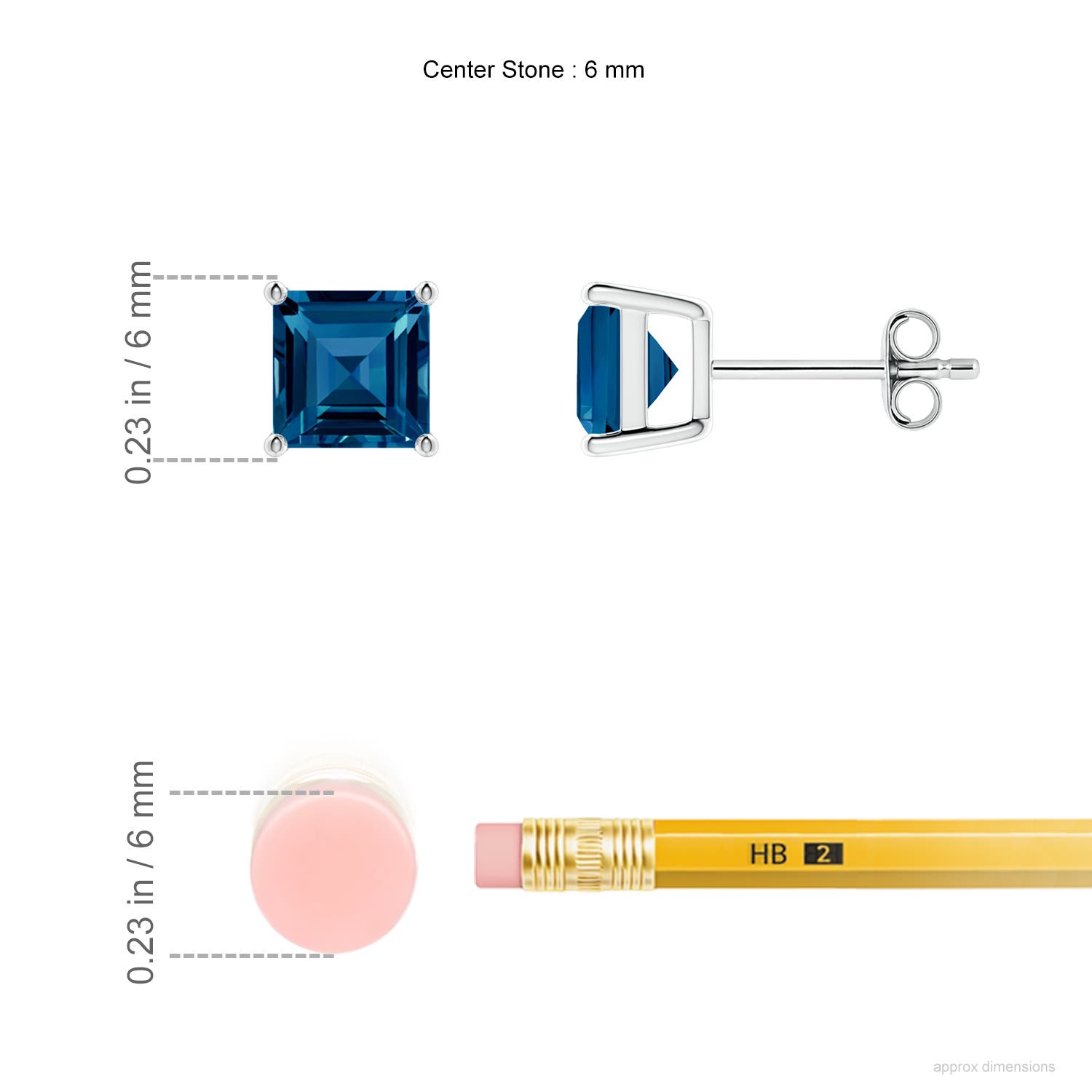 6mm AAAA Classic Basket-Set Square London Blue Topaz Stud Earrings in White Gold - ruler