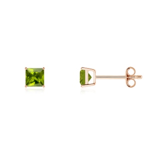 4mm AAA Classic Basket-Set Square Peridot Stud Earrings in Rose Gold