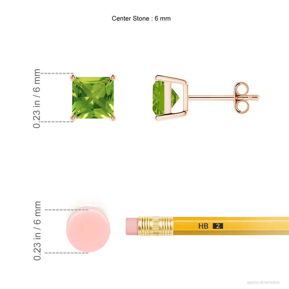 6mm AAAA Classic Basket-Set Square Peridot Stud Earrings in 18K Rose Gold ruler