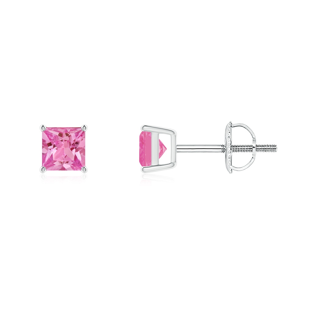 4mm AAA Classic Basket-Set Square Pink Sapphire Stud Earrings in White Gold