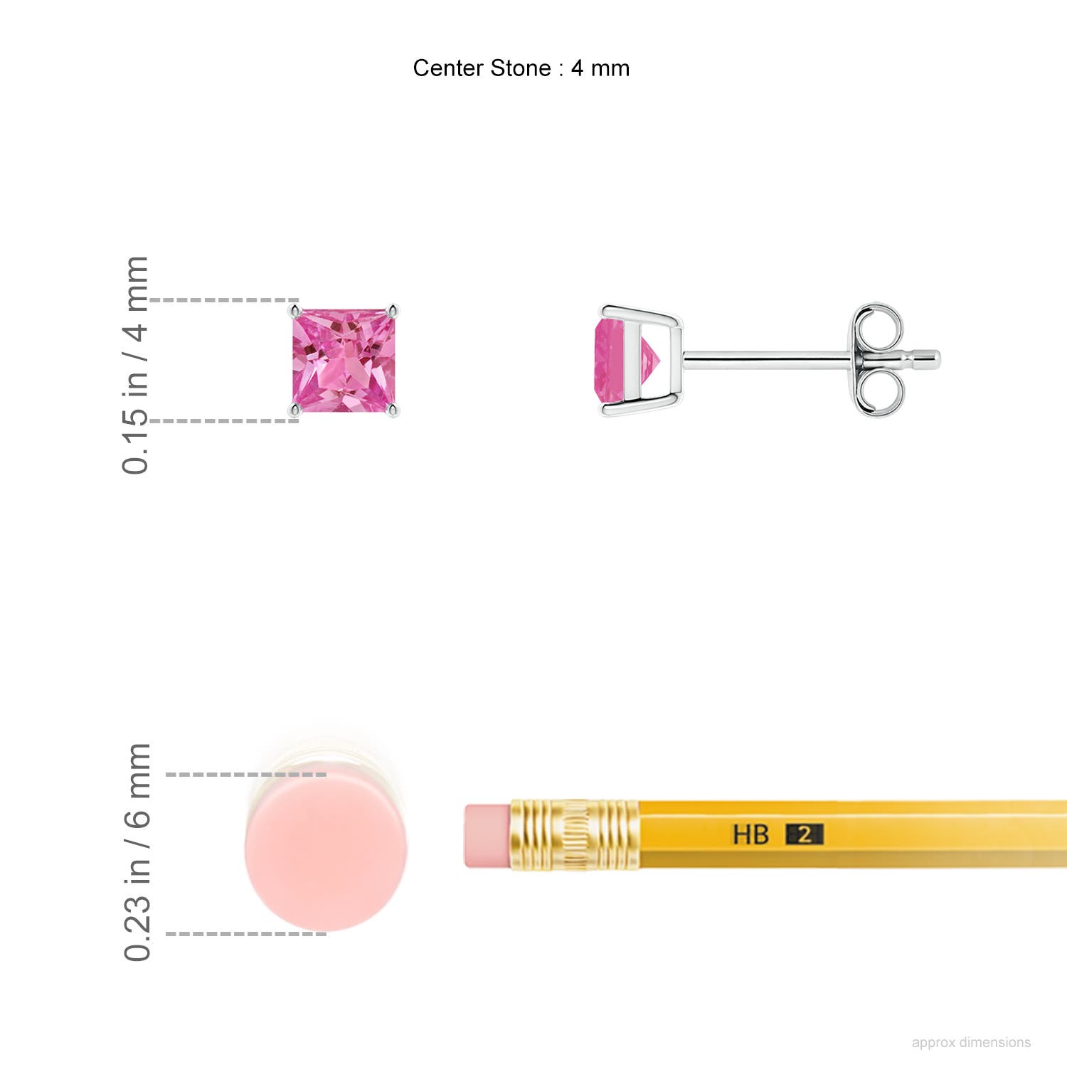 4mm AAAA Classic Basket-Set Square Pink Sapphire Stud Earrings in 18CT White Gold - ruler