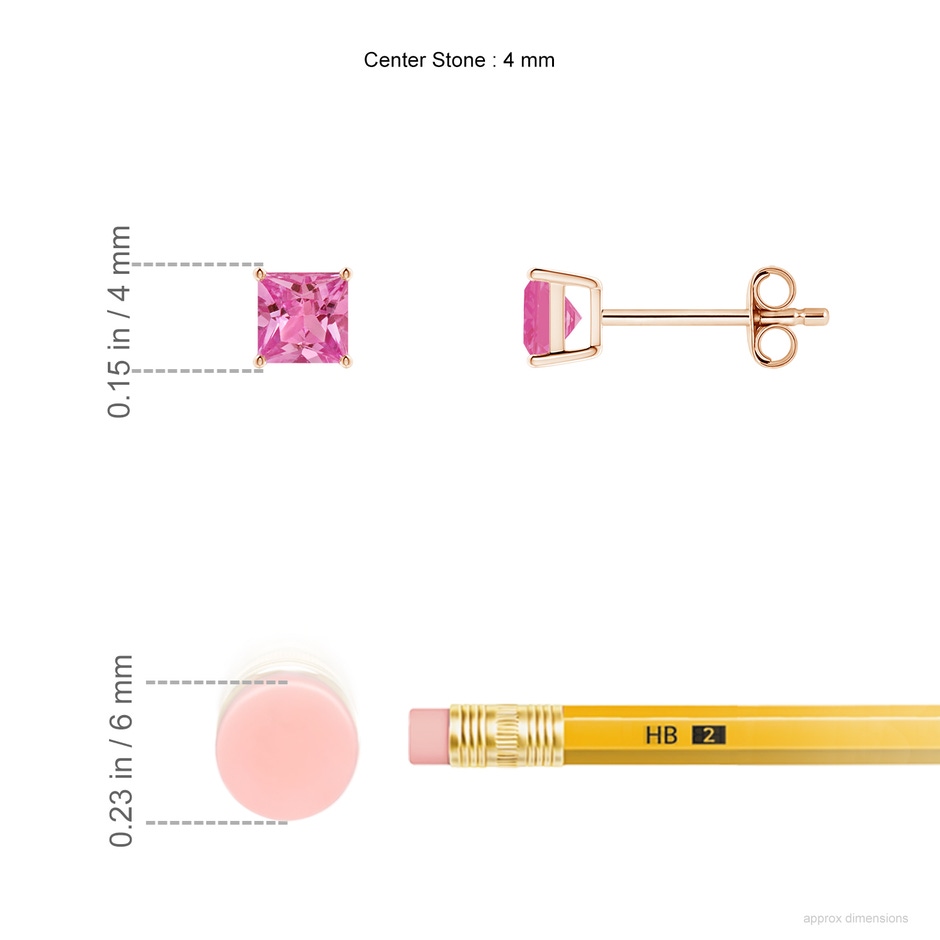 4mm AAAA Classic Basket-Set Square Pink Sapphire Stud Earrings in Rose Gold ruler