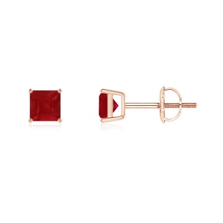 4mm AA Classic Basket-Set Square Ruby Stud Earrings in Rose Gold
