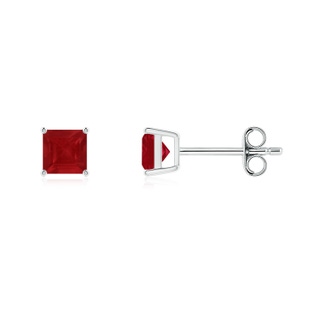 4mm AA Classic Basket-Set Square Ruby Stud Earrings in S999 Silver