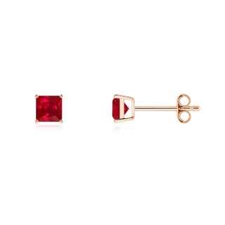 4mm AAA Classic Basket-Set Square Ruby Stud Earrings in Rose Gold