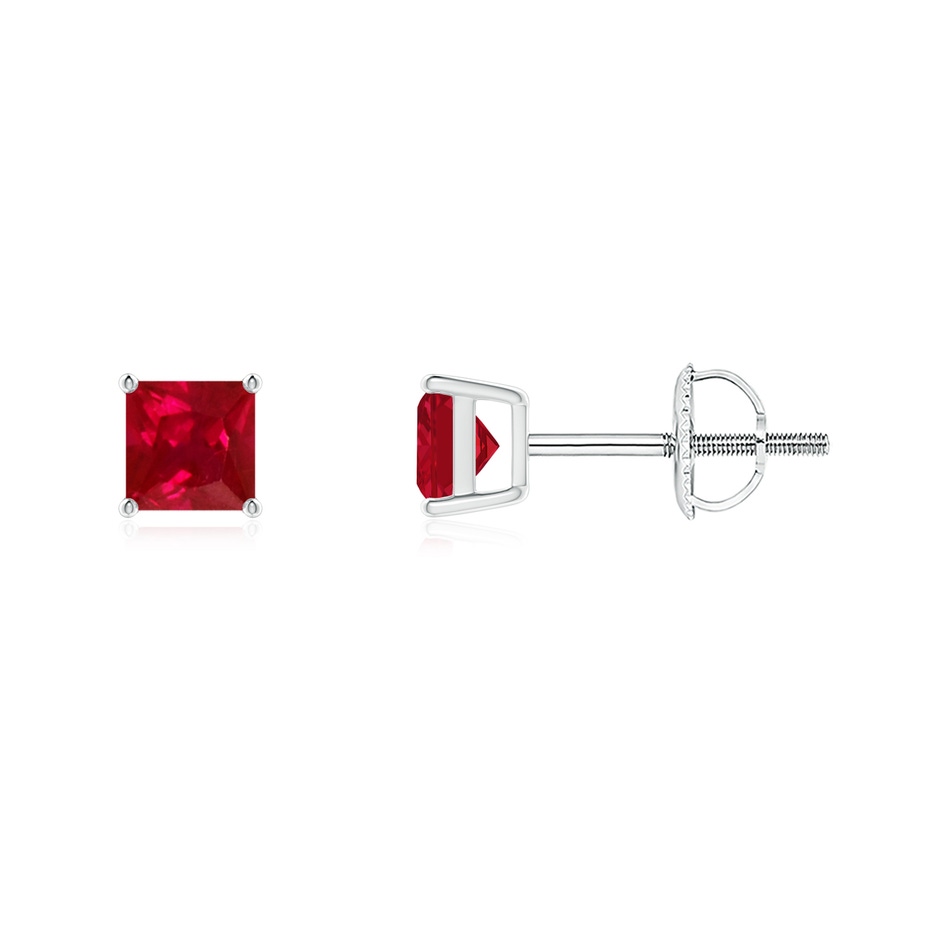 4mm AAA Classic Basket-Set Square Ruby Stud Earrings in White Gold 