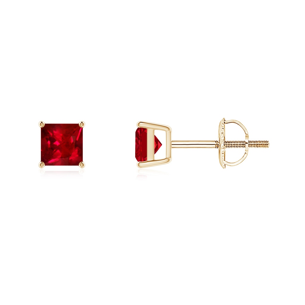 4mm AAAA Classic Basket-Set Square Ruby Stud Earrings in Yellow Gold