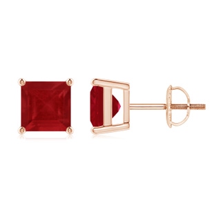 6mm AA Classic Basket-Set Square Ruby Stud Earrings in Rose Gold