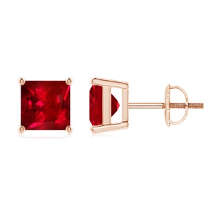 6mm AAAA Classic Basket-Set Square Ruby Stud Earrings in Rose Gold
