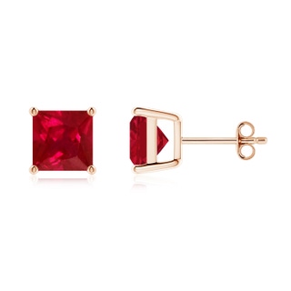 7mm AAA Classic Basket-Set Square Ruby Stud Earrings in Rose Gold