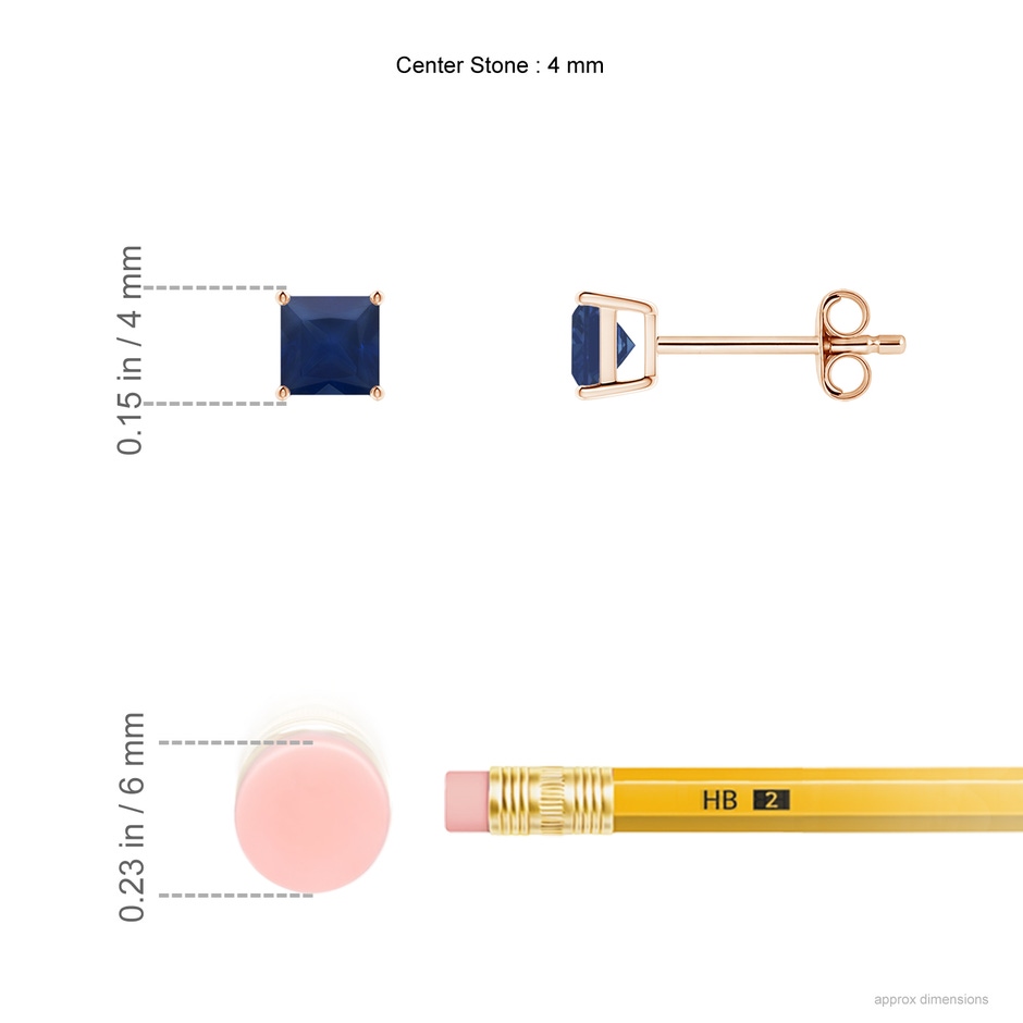 4mm A Classic Basket-Set Square Blue Sapphire Stud Earrings in 9K Rose Gold ruler