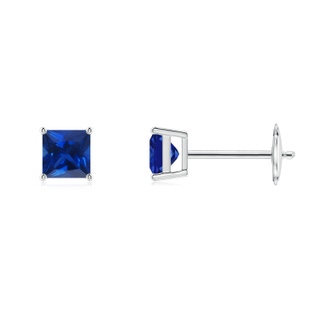 4mm AAAA Classic Basket-Set Square Blue Sapphire Stud Earrings in White Gold