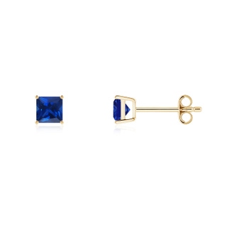 4mm AAAA Classic Basket-Set Square Blue Sapphire Stud Earrings in Yellow Gold